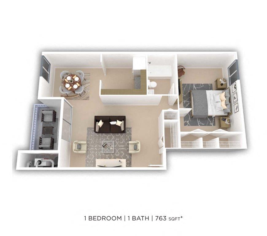 Floor plan for 1 bed, 1 bath, 763 sqft
